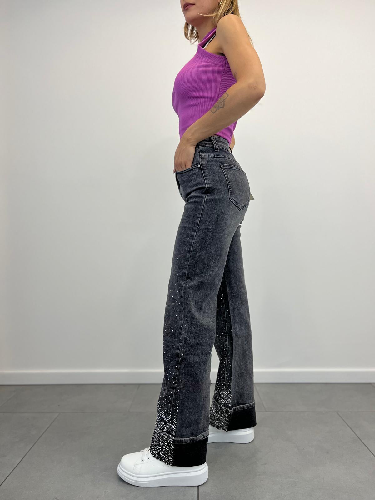 Jeans Grigio Con Risvolto e Strass art.3223