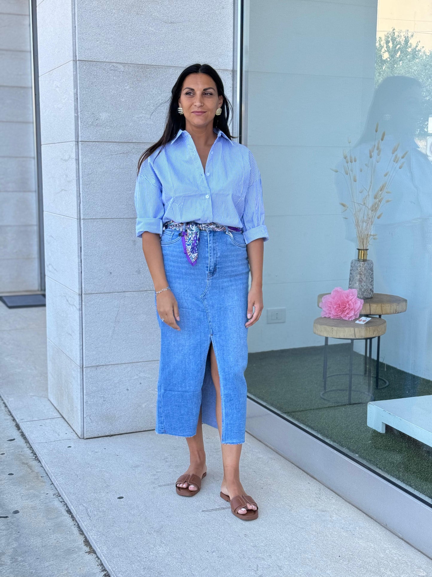 Gonna Midi in Denim Lavaggio Chiaro