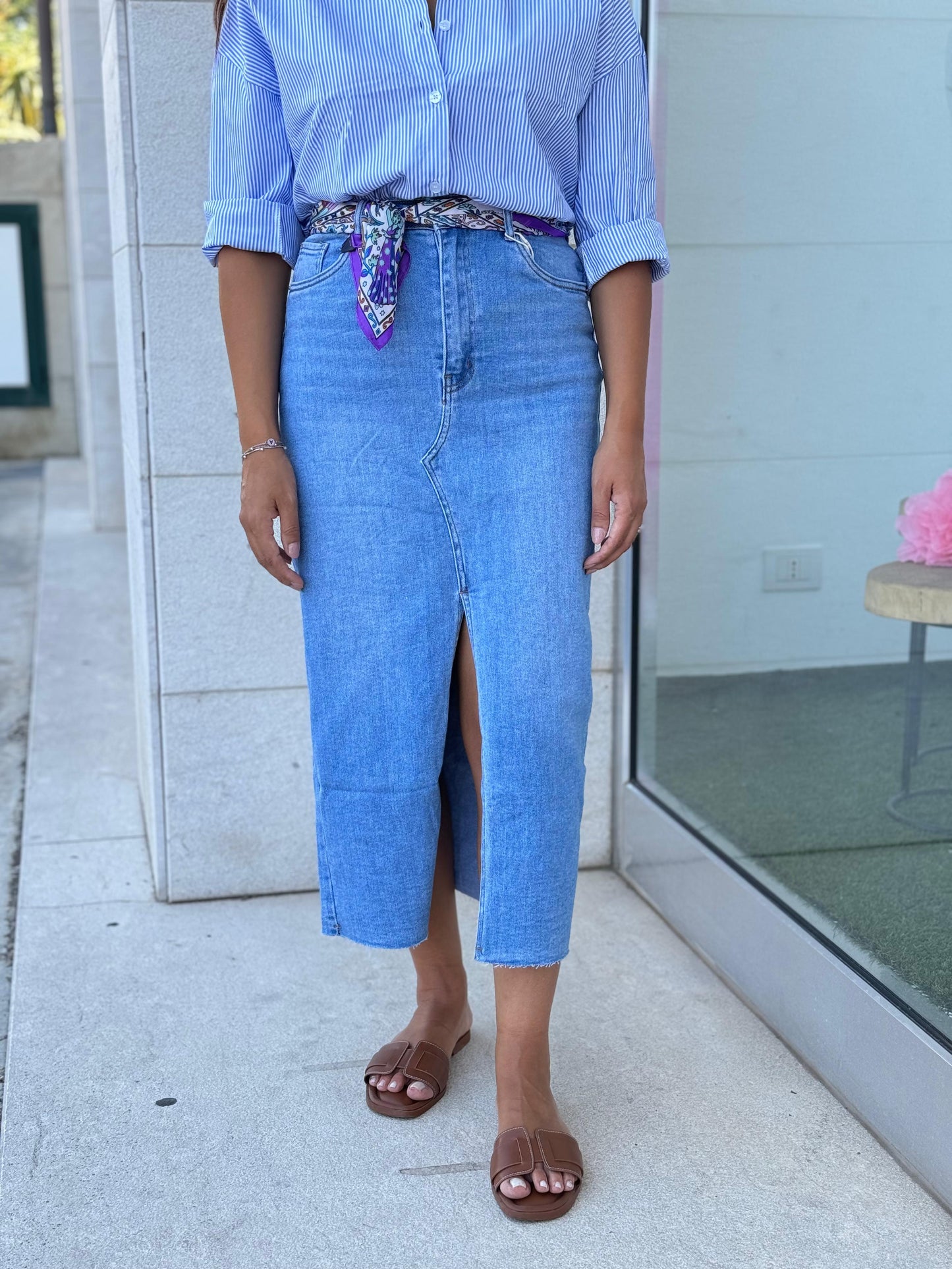 Gonna Midi in Denim Lavaggio Chiaro