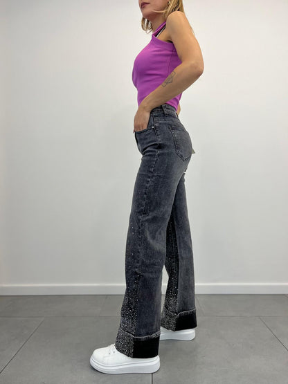 Jeans Grigio Con Risvolto e Strass art.3223