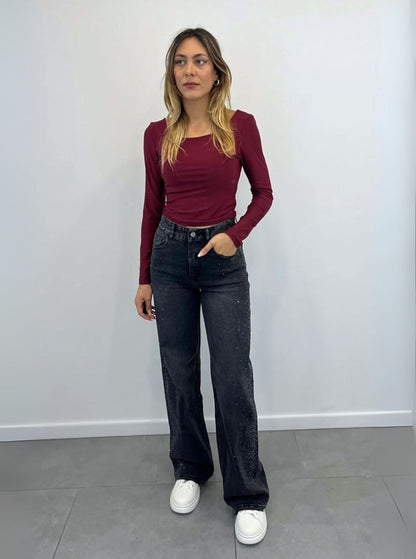 Jeans Palazzo Grigio Con Strass art.5001