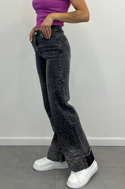 Jeans Grigio Con Risvolto e Strass art.3223