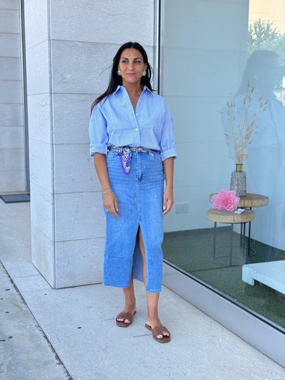 Gonna Midi in Denim Lavaggio Chiaro