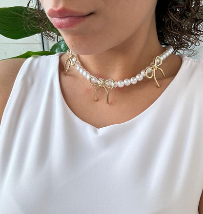 Collana Perle e Fiocchi Dorati